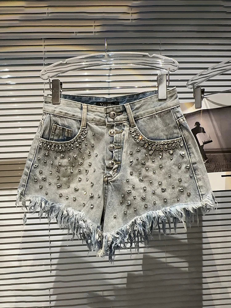 Denim Rhinestone Frayed Shorts - Festigal