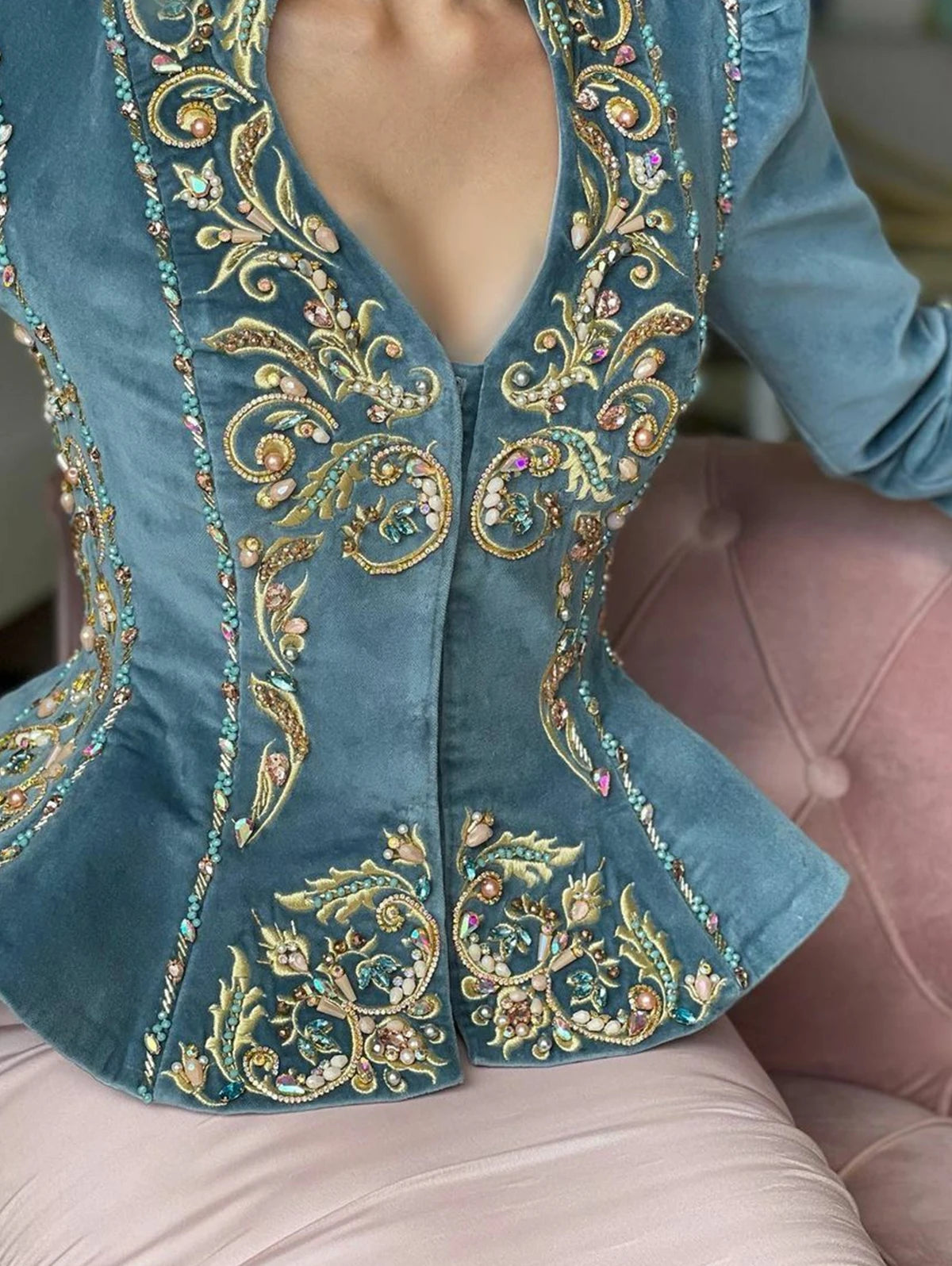 Embroidered Peplum Velvet Blouse