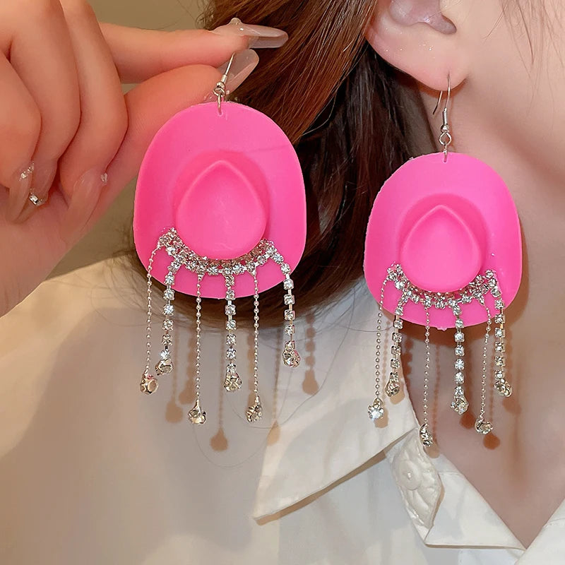 Rhinestone Cowgirl Hat Tassel Earrings