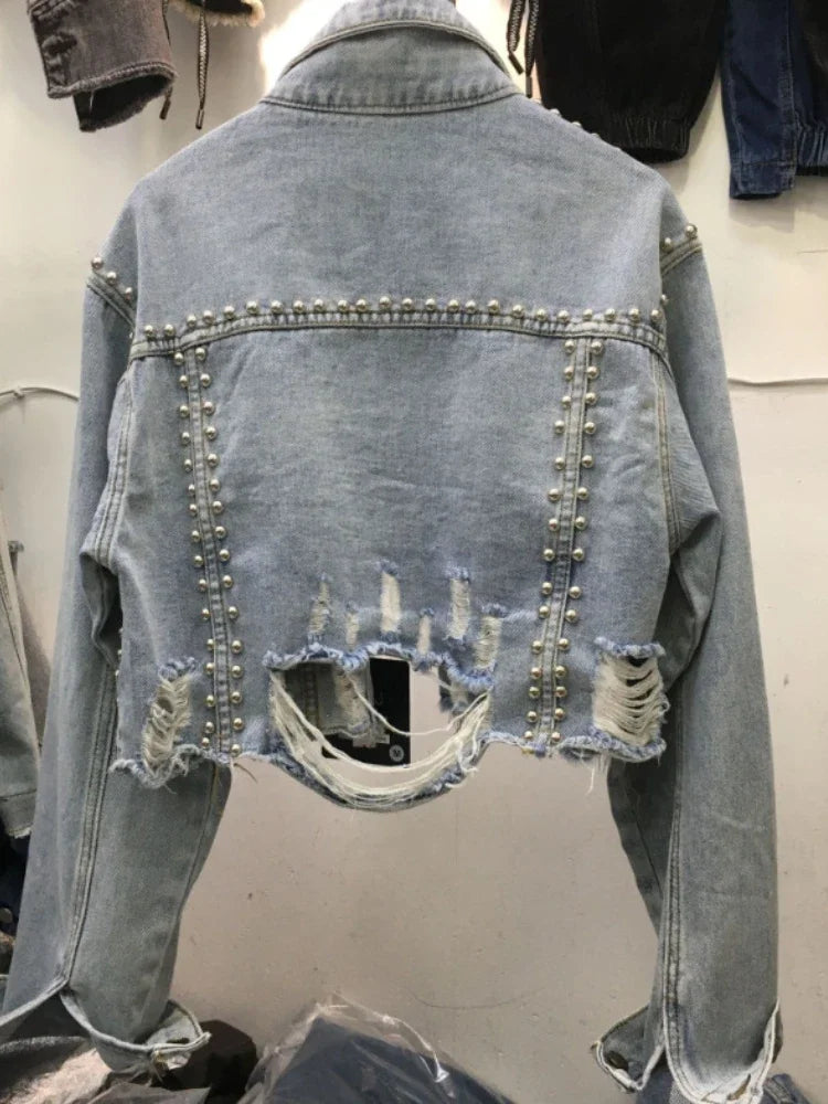 Denim Studded Distressed Cropped Jacket - Festigal