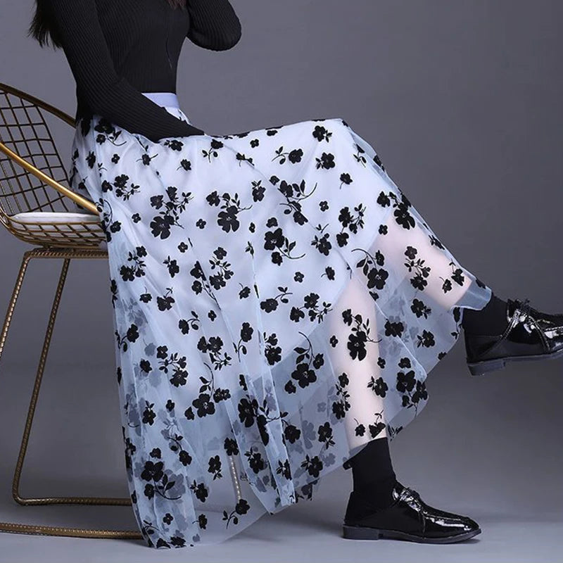Floral Mesh Midi Skirt - Festigal