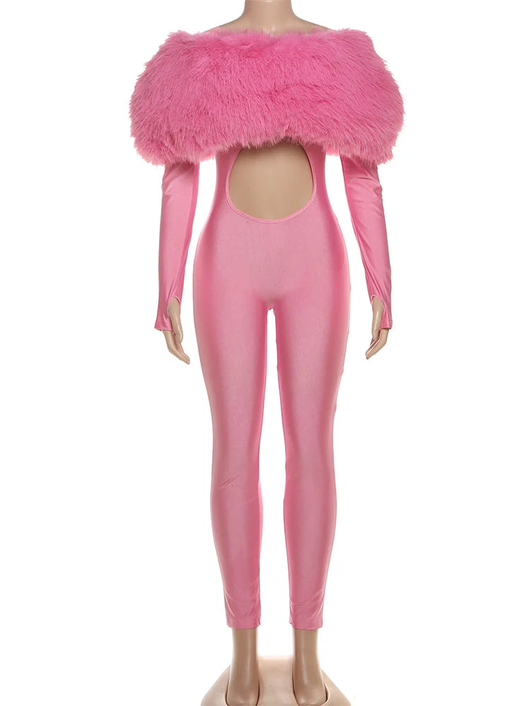 Fur Cut Out Wet Look Bodysuit