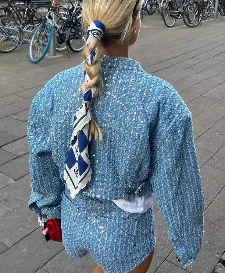 Sequin Denim Jacket and Shorts Two-Piece Set - Festigal