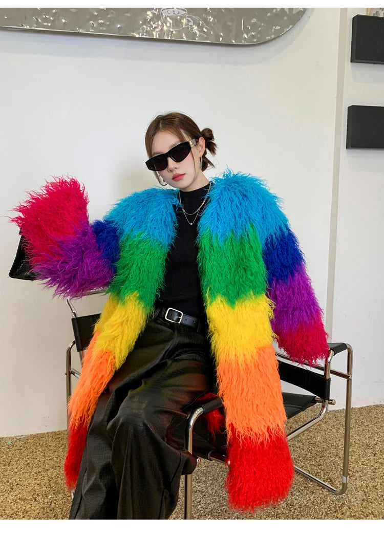 Rainbow Striped Faux Fur Coat