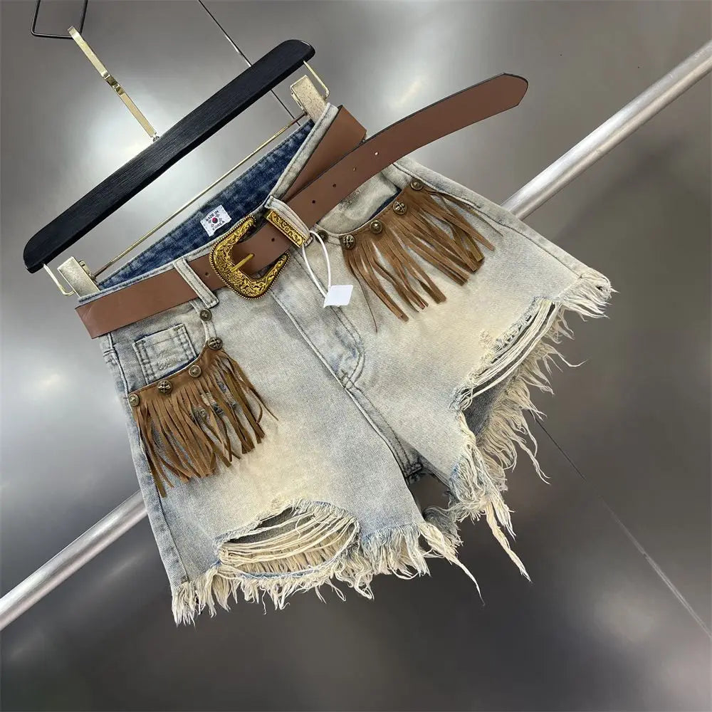 Denim Distressed Tassel Shorts - Festigal
