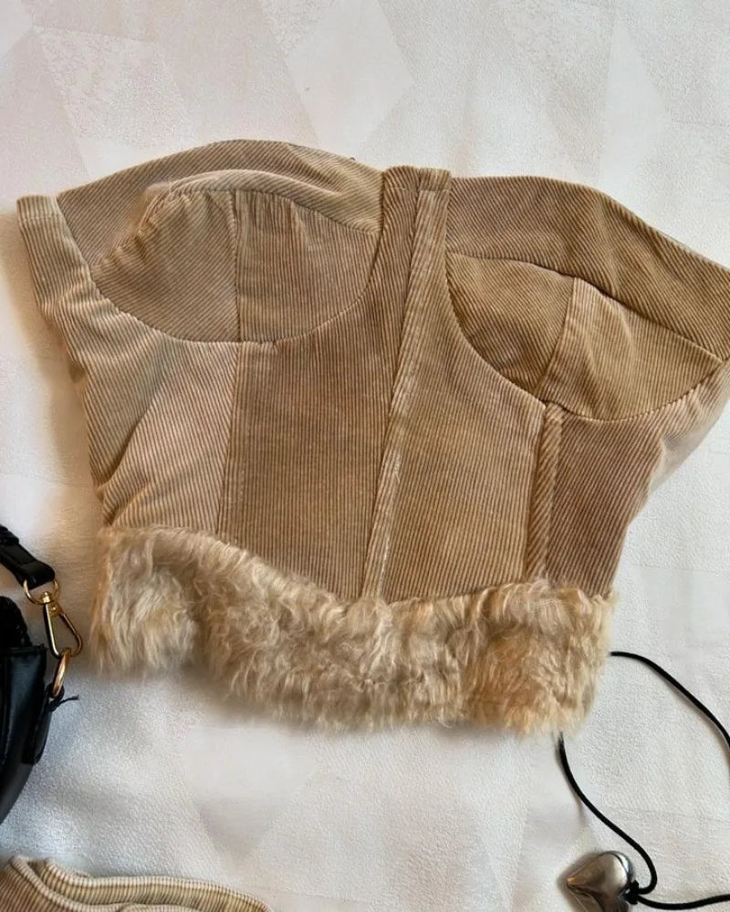 Tan Corduroy Fur Trim Top and Skirt Set - Festigal