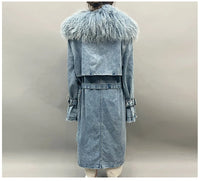 Mongolian Fur Collar Denim Trench Coat