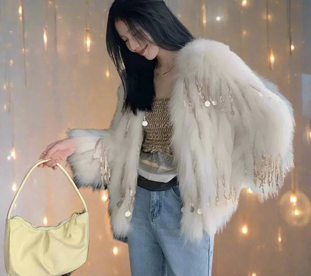 Women's Faux Fur Sequin Tassel Jacket - Festigal