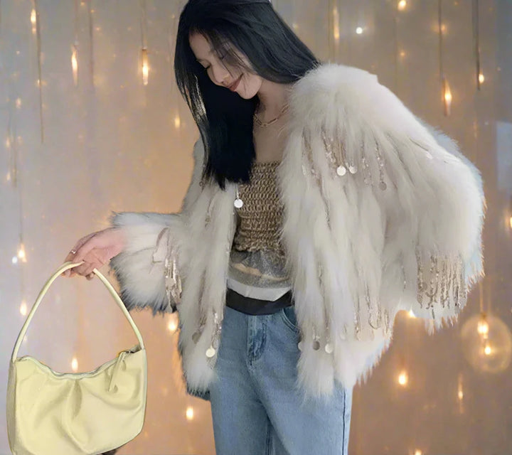 Women's Faux Fur Sequin Tassel Jacket - Festigal