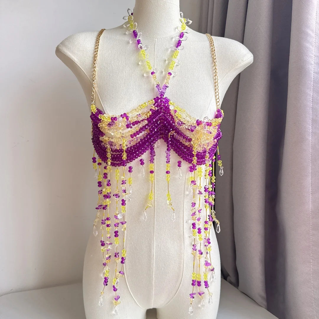 Beaded Tassel Chain Halter Neck Top