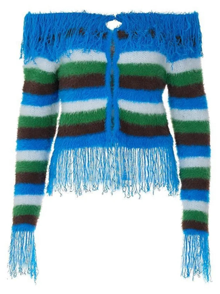 Unusual Slash-Neck Tasselled Cardigan - Festigal