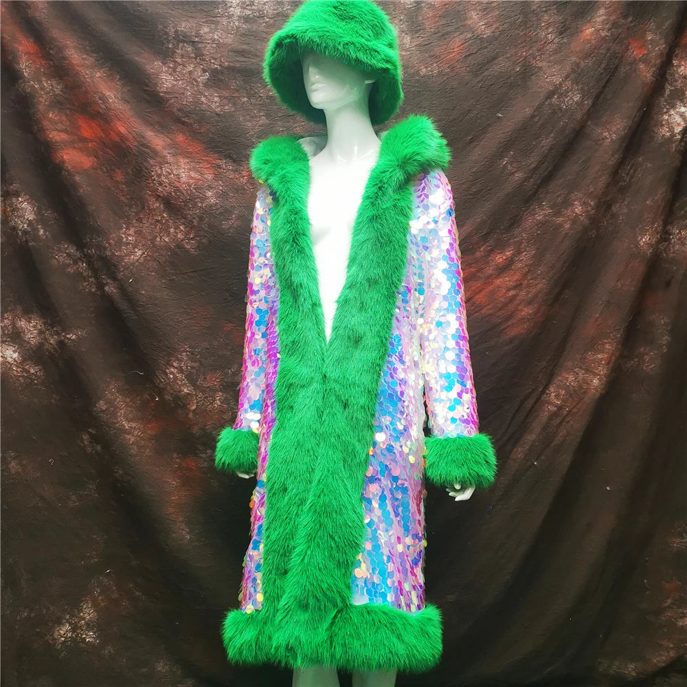 Sequin Fur Trim Afghan Coat - Festigal