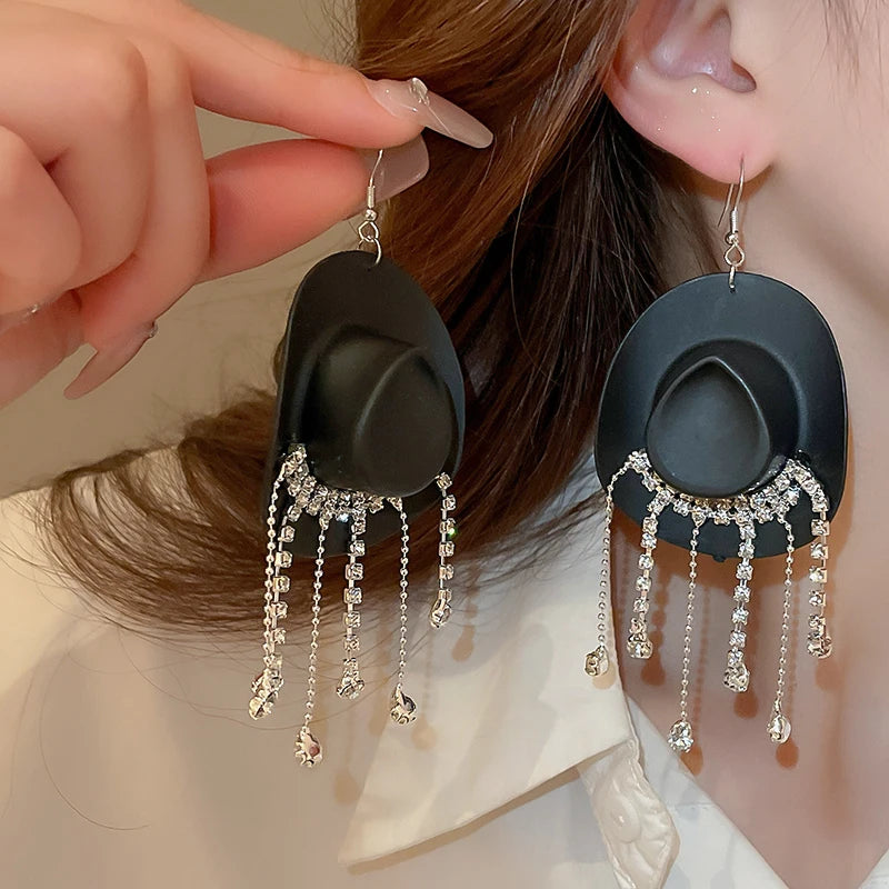 Rhinestone Cowgirl Hat Tassel Earrings