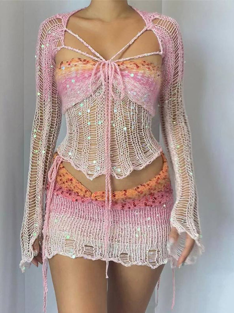 Distressed Knitted Sequin Three Piece Set - Festigal