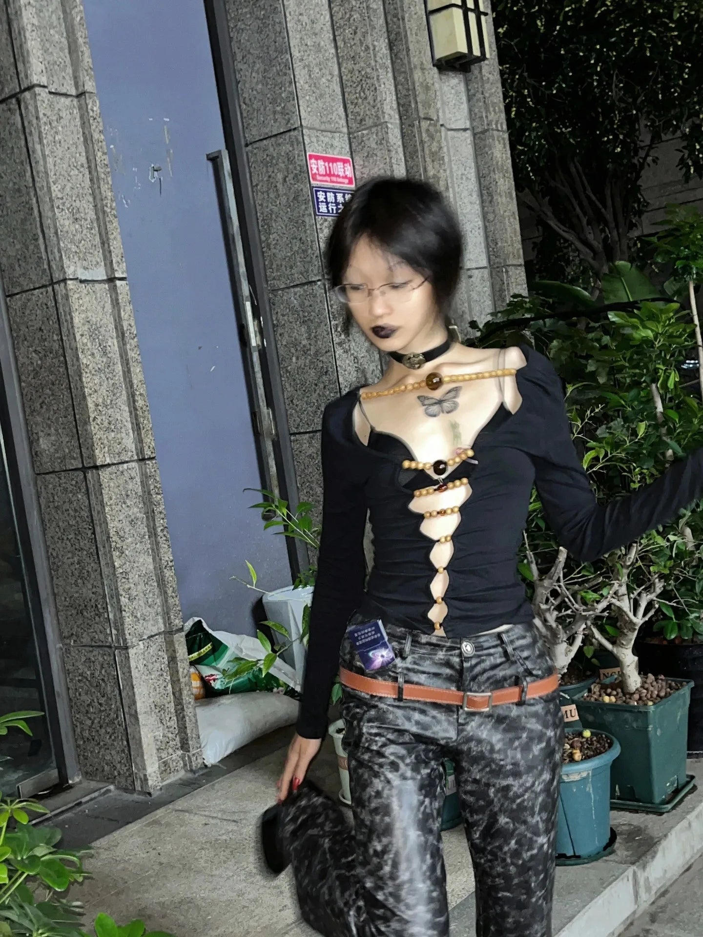 Beaded Hollow Out Long Sleeve Top - Festigal