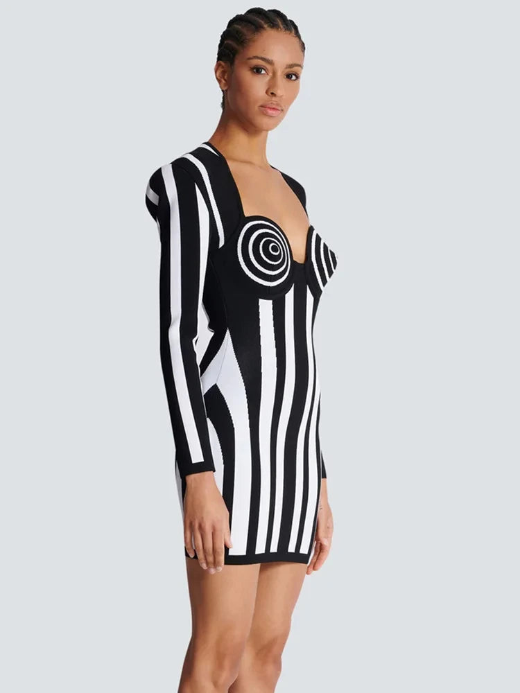 Black and White Striped Bandage Dress - Festigal