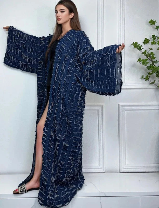 Blue Distressed Long Maxi Cardigan - Festigal