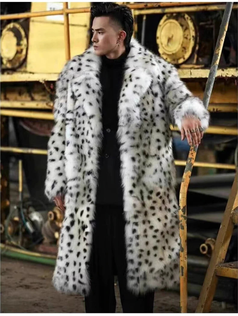 Mens Snow Leopard Faux Fur Coat