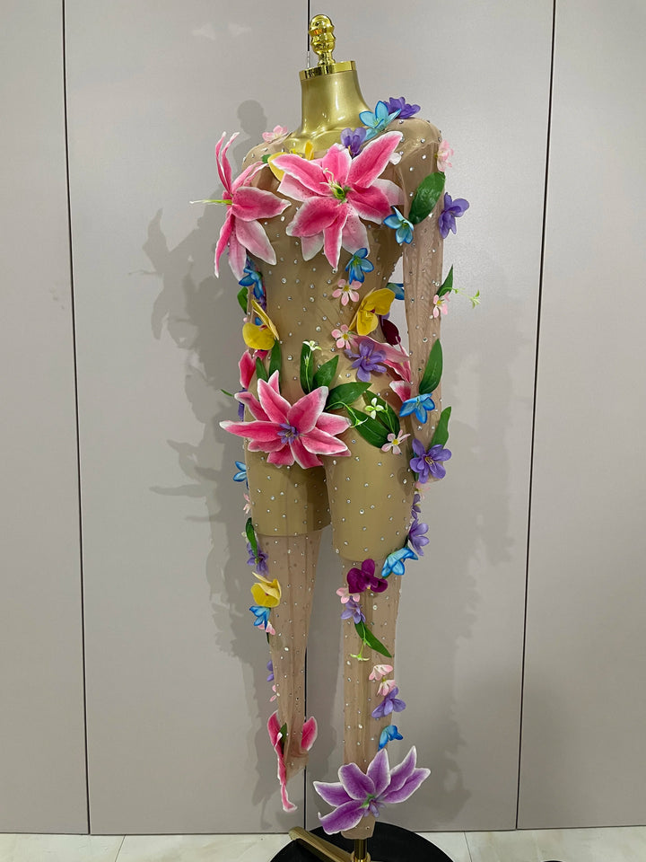 Flower Mesh Rhinestone Jumpsuit