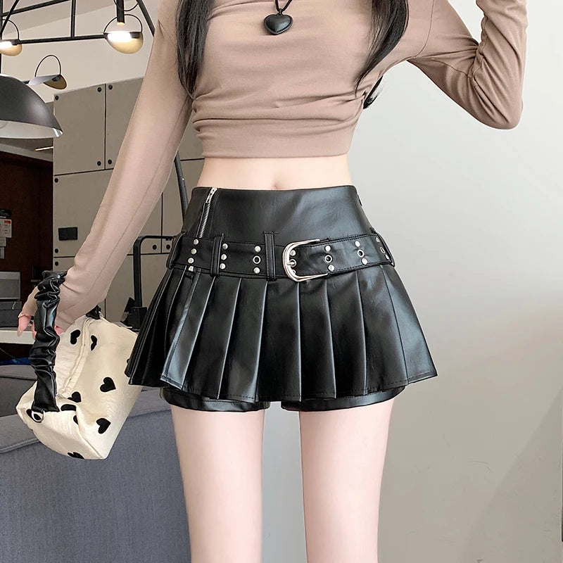 A-Line Pleated Faux Leather Skort - Festigal