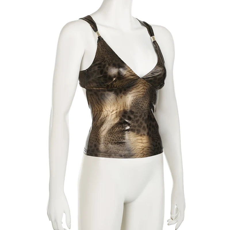 Wet Look Leopard Print Top - Festigal