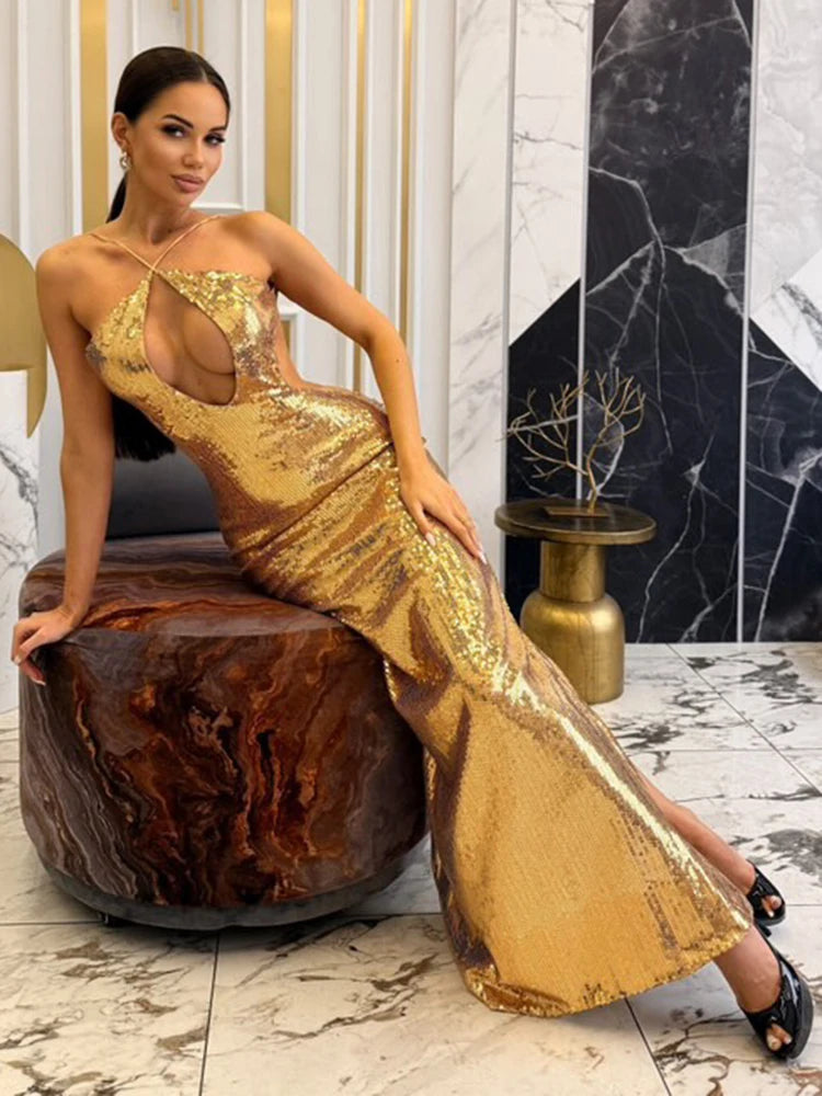 Gold Sequin Halterneck Maxi Dress