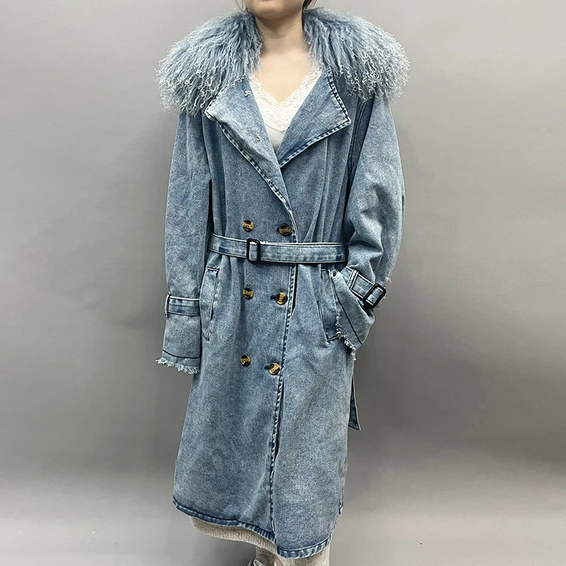 Mongolian Fur Collar Denim Trench Coat