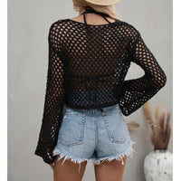 Dramatic Mesh Flare Sleeve Crop Top Pullover - Festigal