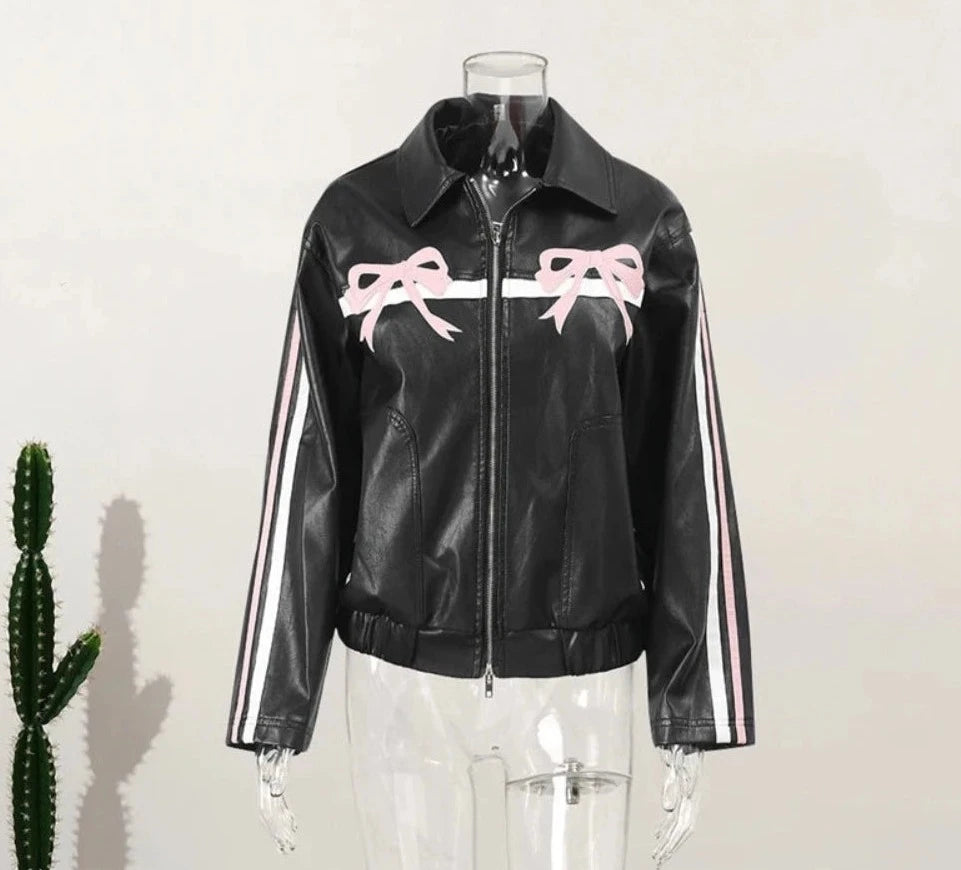Pink Bow Motorcycle PU Leather Jacket - Festigal