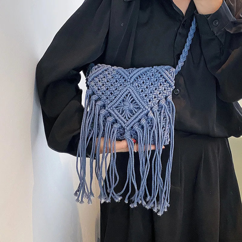 Fringed Woven Crochet Crossbody Bag