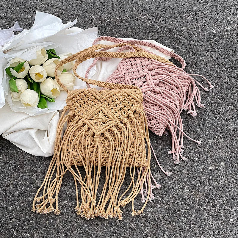 Fringed Woven Crochet Crossbody Bag - Festigal
