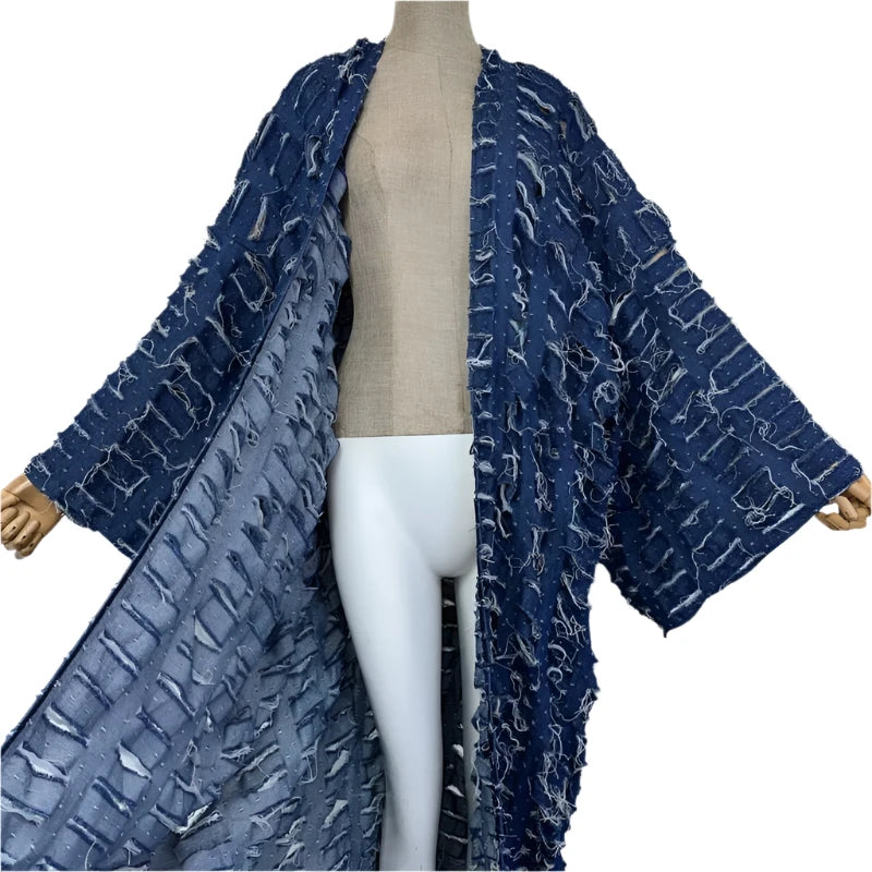 Blue Distressed Long Maxi Cardigan