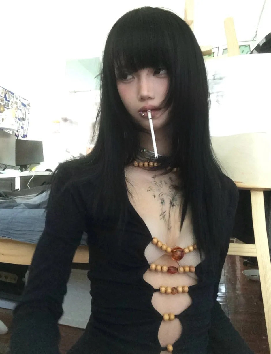 Beaded Hollow Out Long Sleeve Top - Festigal