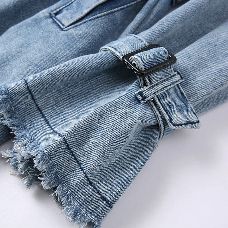 Mongolian Fur Collar Denim Trench Coat - Festigal