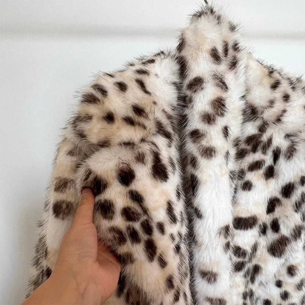 Snow Leopard Style Faux Fur Coat - Festigal