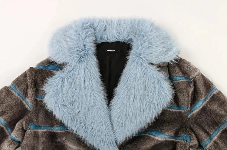 Grey and Blue Striped Faux Fur Coat