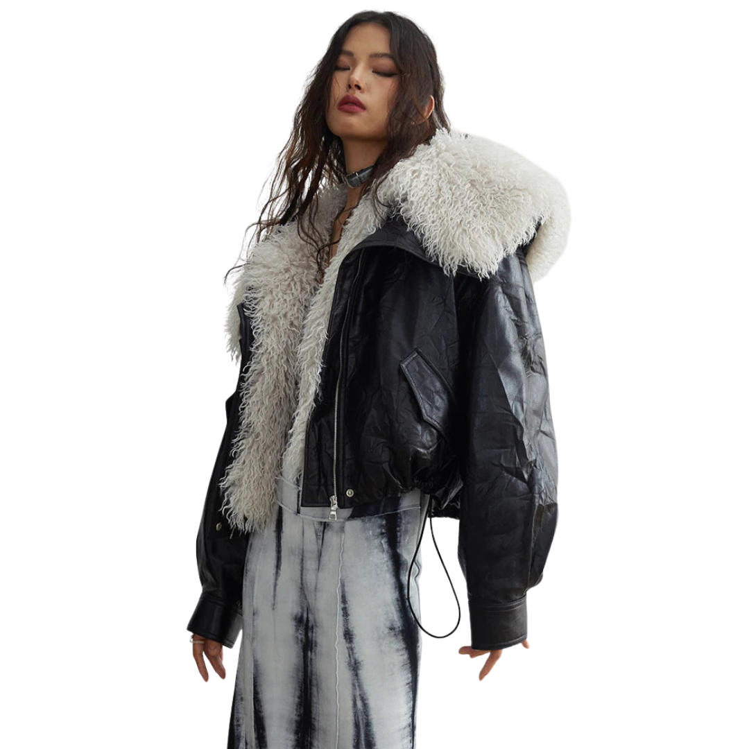 Vegan Leather Mongolian Fur Trim Jacket - Festigal