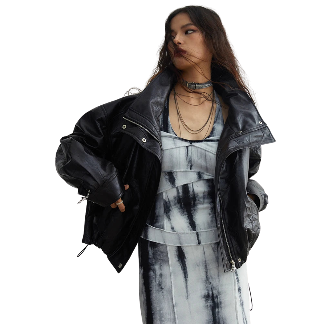 Vegan Leather Mongolian Fur Trim Jacket - Festigal