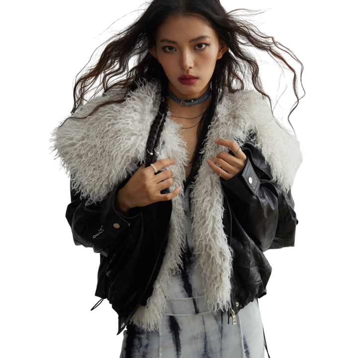 Vegan Leather Mongolian Fur Trim Jacket - Festigal