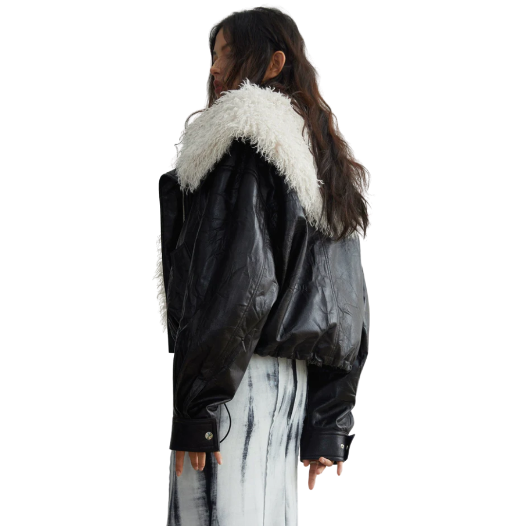 Vegan Leather Mongolian Fur Trim Jacket - Festigal