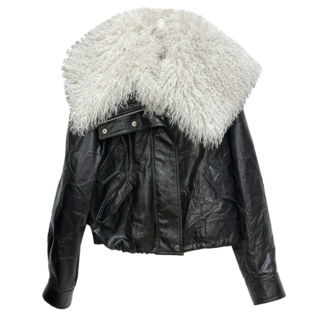 Vegan Leather Mongolian Fur Trim Jacket - Festigal