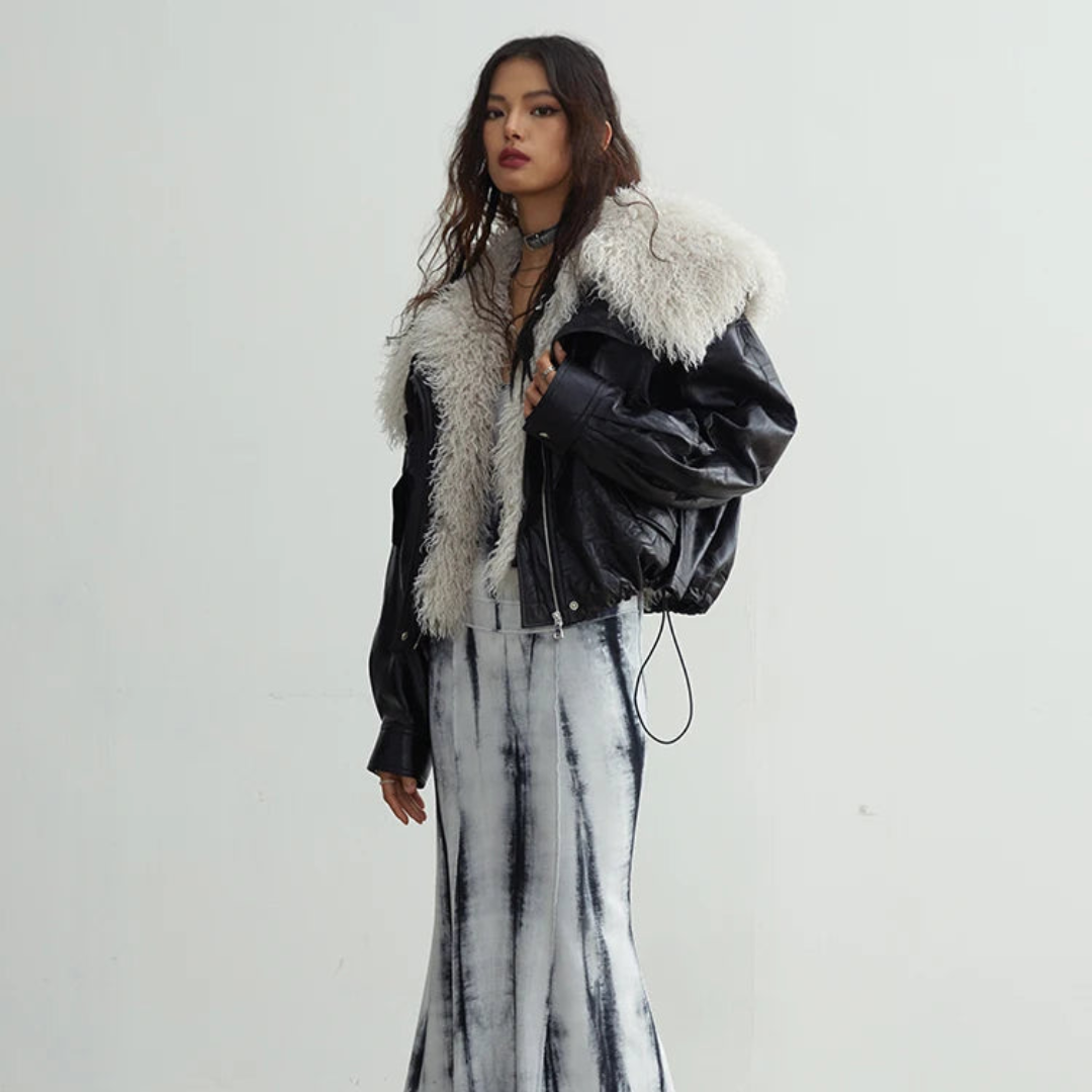 Vegan Leather Mongolian Fur Trim Jacket - Festigal