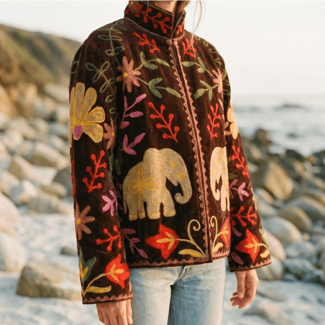 Embroidered Velvet Elephant Kimono