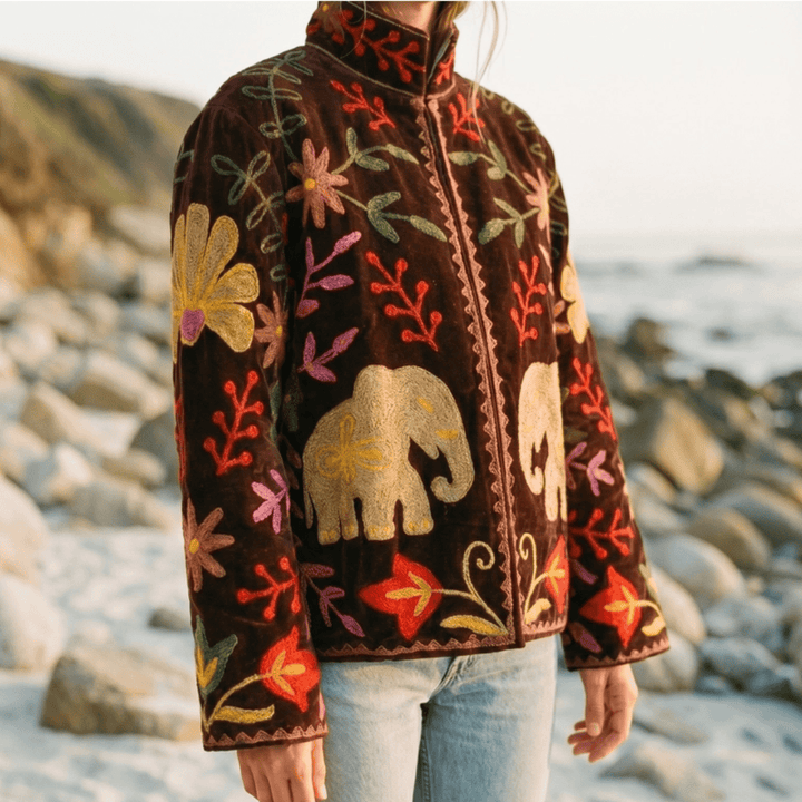Embroidered Velvet Elephant Kimono