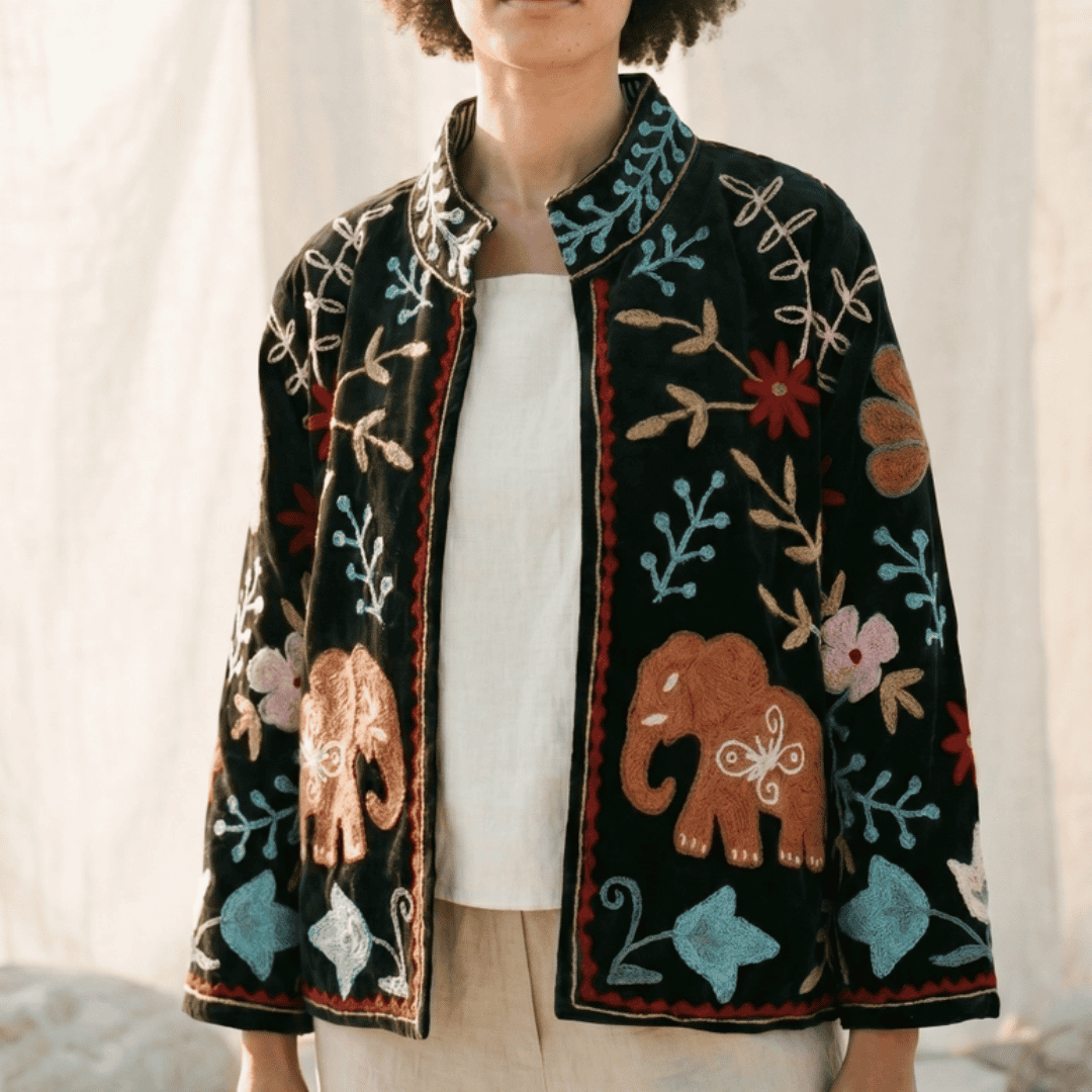 Embroidered Velvet Elephant Kimono