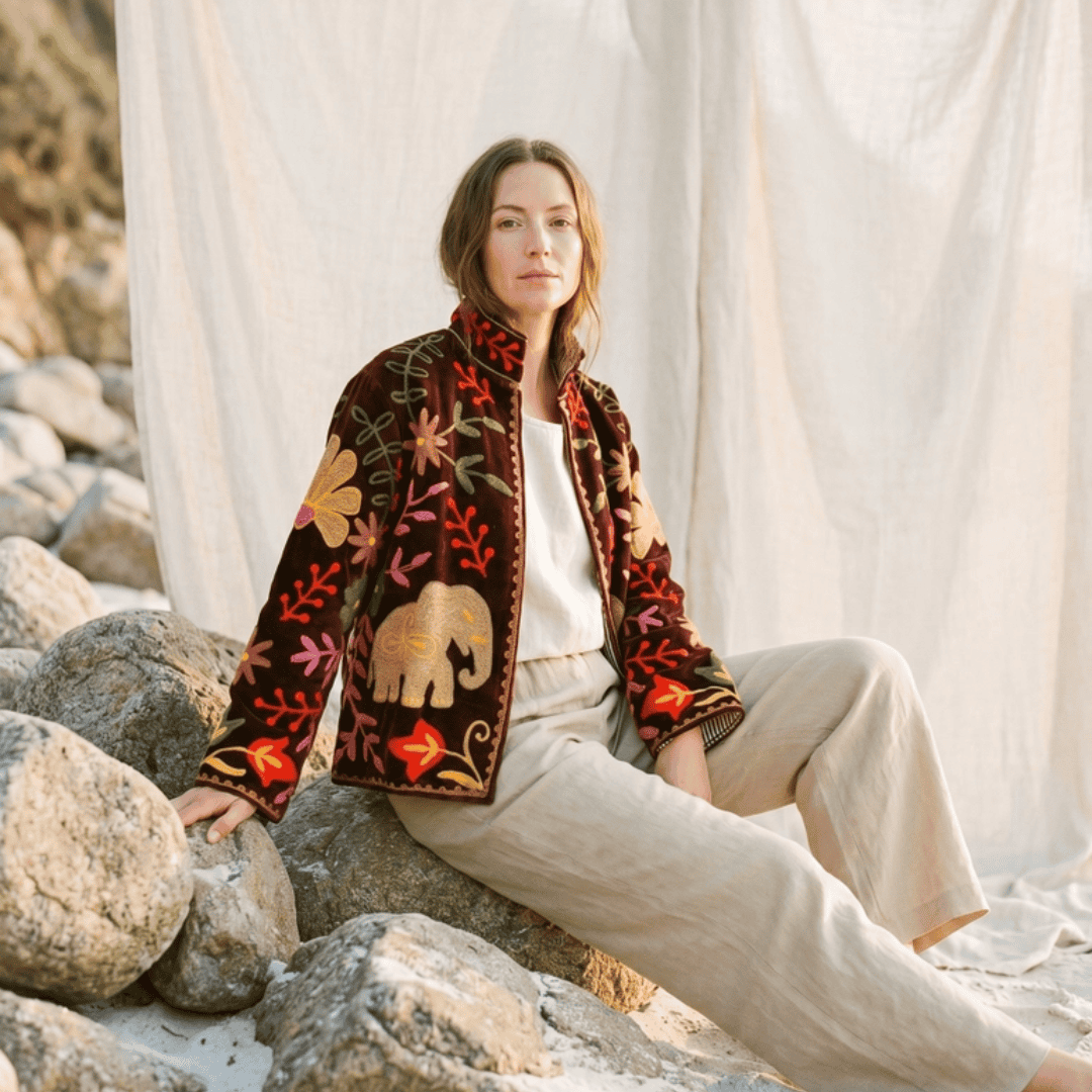 Embroidered Velvet Elephant Kimono