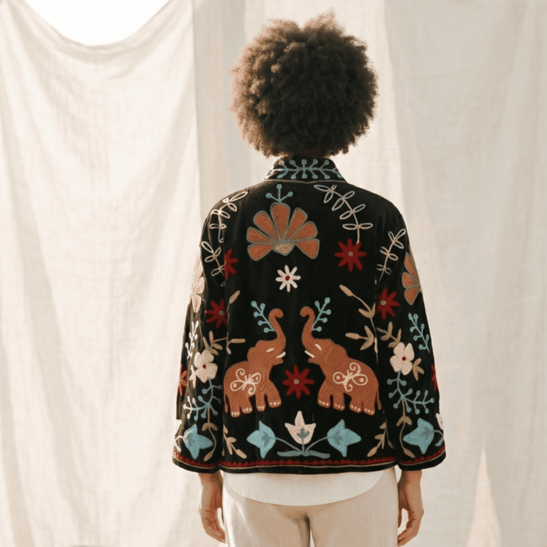 Embroidered Velvet Elephant Kimono
