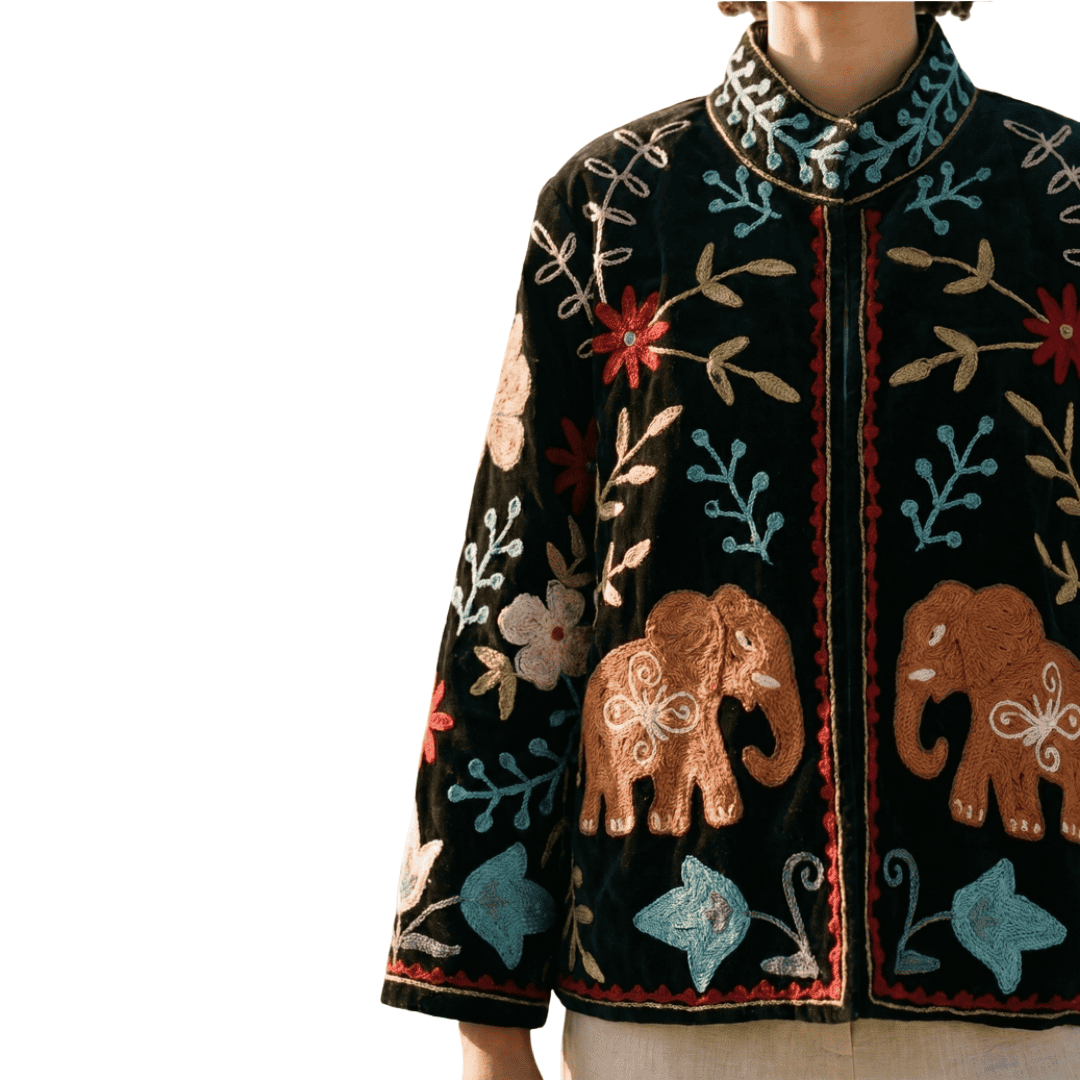 Embroidered Velvet Elephant Kimono