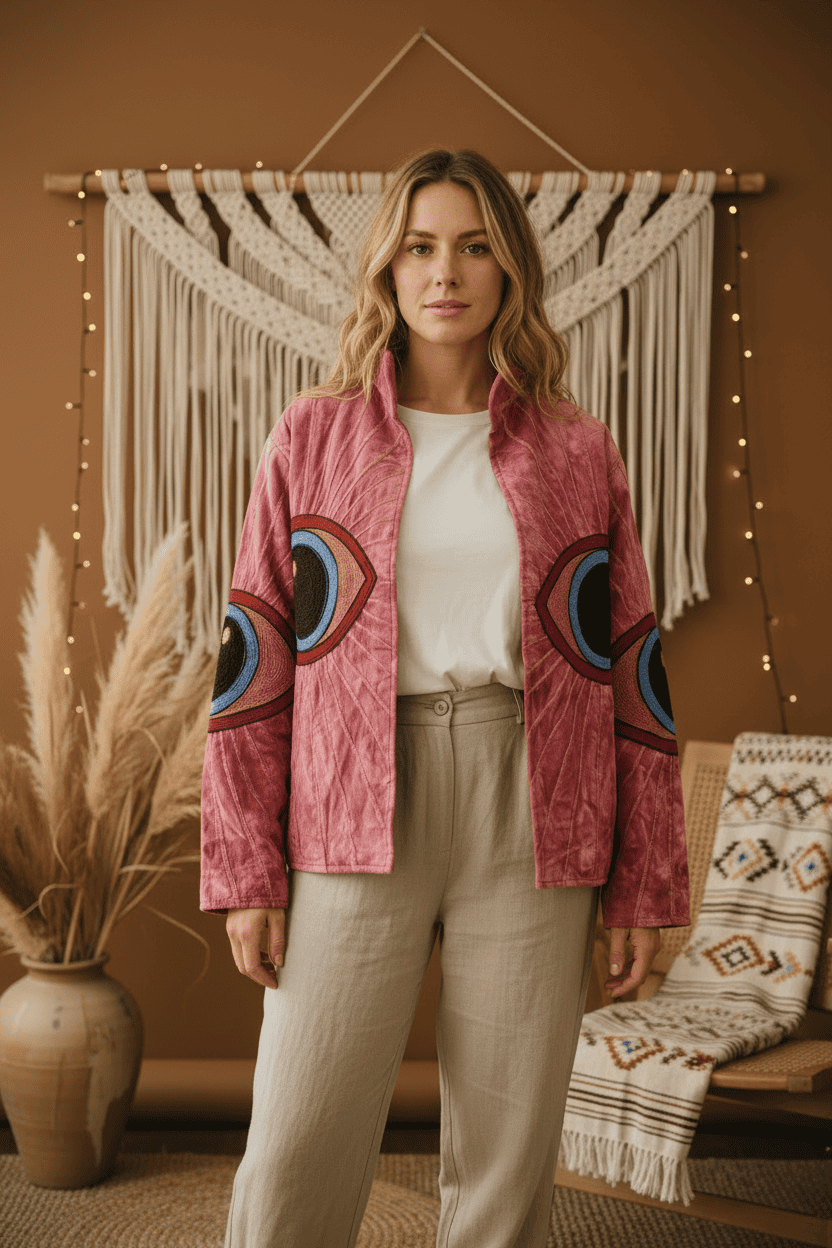 Pink Velvet Embroidered Eye Jacket