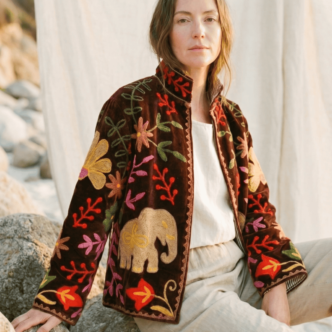 Embroidered Velvet Elephant Kimono